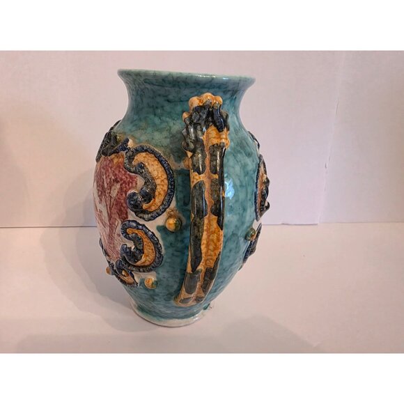 Vintage Handcrafted Ceramic Vase With Dragon Handles & Textured Design Italy - Picture 4 of 9